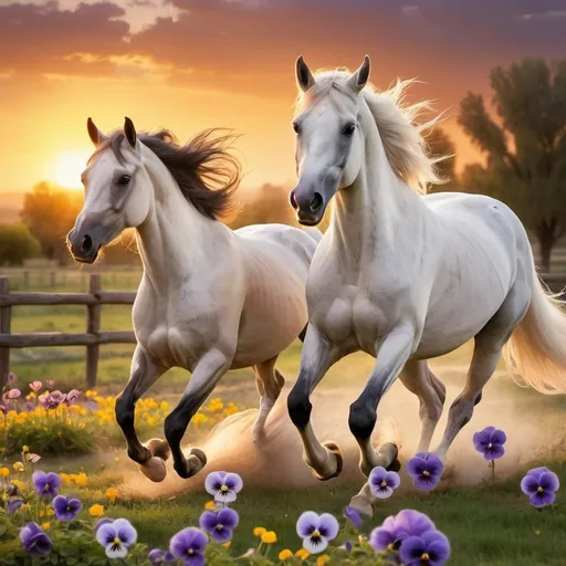 Prompt: two Arabian horses, flying pansies flowers, flowing mane, gallops, sunset, ranch, spacious meadow