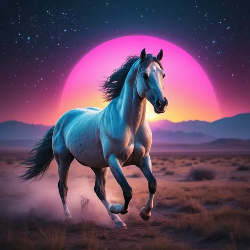 Prompt: Synthwave arabian horse with light tracing, with a beautiful sunrise, running free in the grasslands, beneath the night stars, corona effect, cinematic