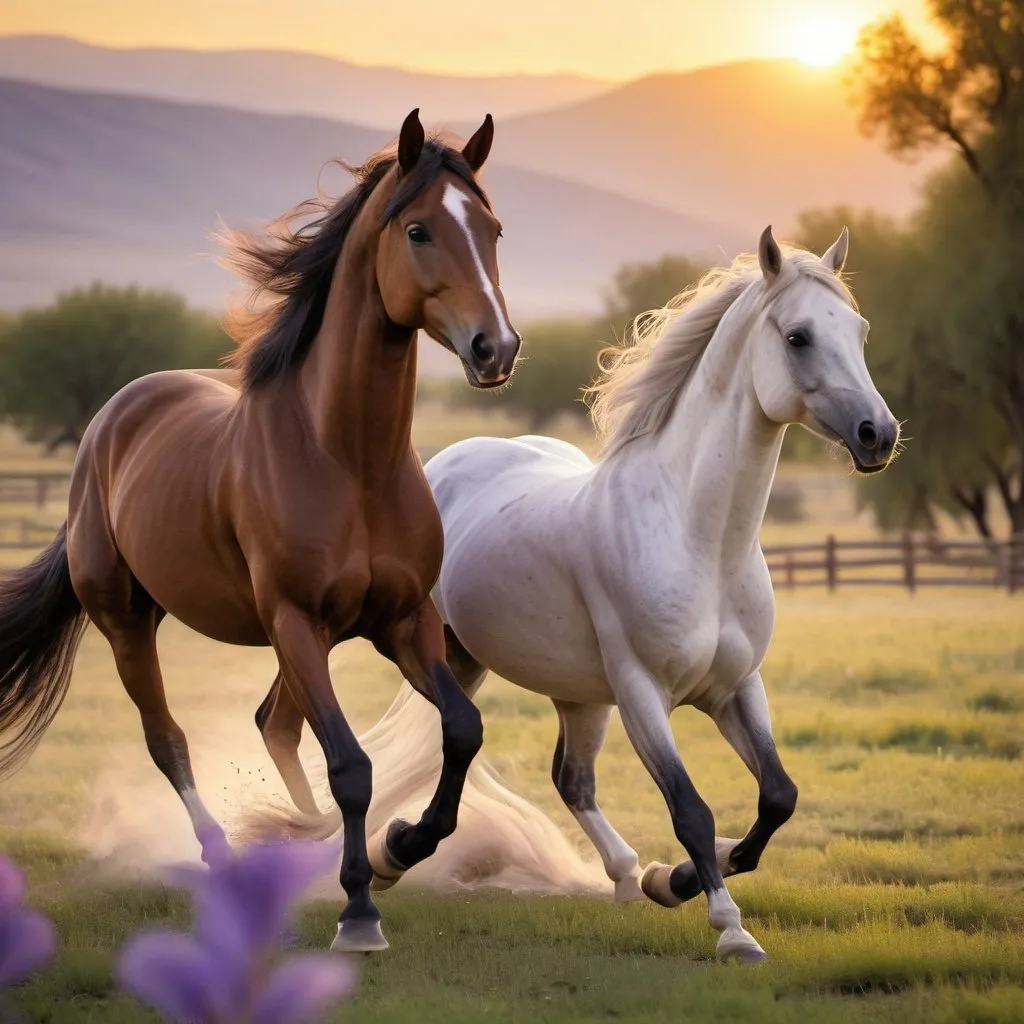 Prompt: two Arabian horses, violet flower, flowing mane, gallops, setting sun, ranch, spacious meadow