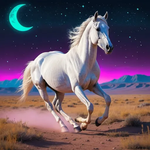 Prompt: Synthwave translucent arabian horse running free in the grasslands, open range, beneath the night stars