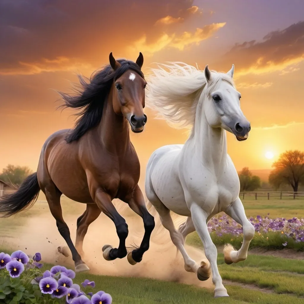 Prompt: two Arabian horses, flying pansies flowers, flowing mane, gallops, sunset, ranch, spacious meadow