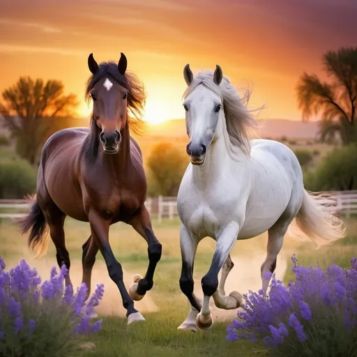 Prompt: two Arabian horses, violet flowers, flowing mane, gallops, sunset, ranch, spacious meadow