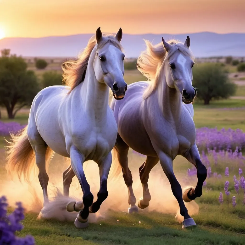 Prompt: two Arabian horses, violet flowers, flowing mane, gallops, sunset, ranch, spacious meadow