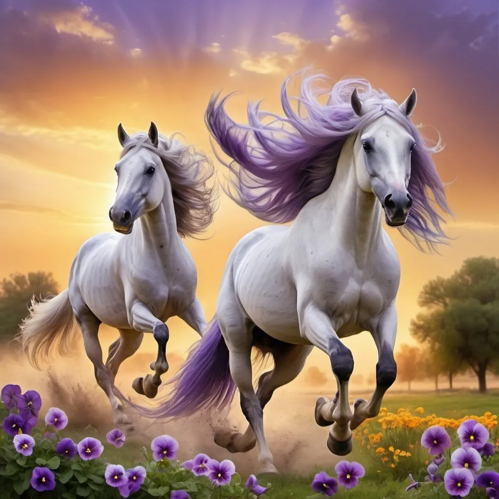 Prompt: two Arabian horses, flying pansies flowers, flowing violet mane, gallops, sunset, ranch, spacious meadow