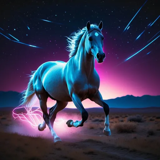 Prompt: Synthwave translucent arabian horse with light tracing, light trail photography, fibre optics, dark background, running free in the grasslands, open range, beneath the night stars, 