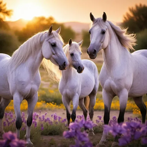 Prompt: two Arabian horses, violet flower, flowing flowers mane, ranch, setting sun