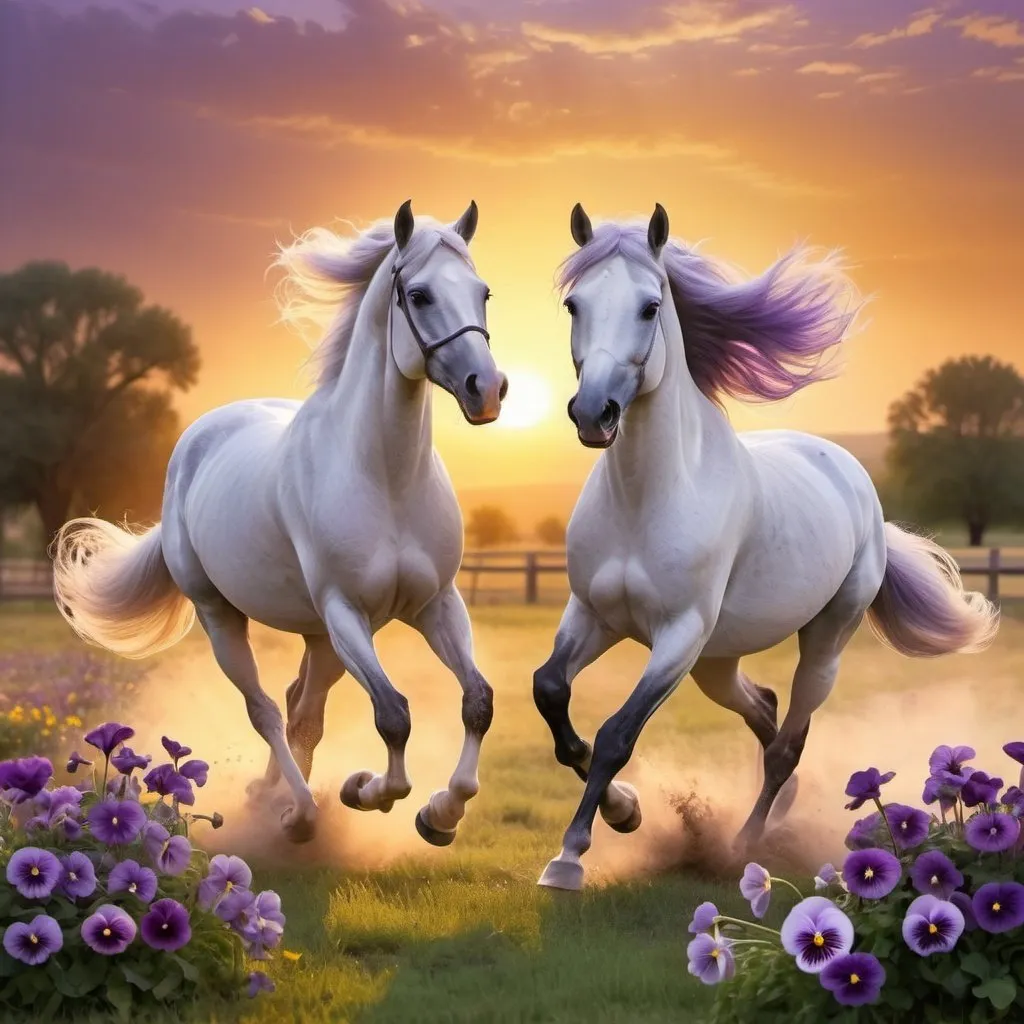Prompt: two Arabian horses, flying pansies flowers, flowing violet mane, gallops, sunset, ranch, spacious meadow
