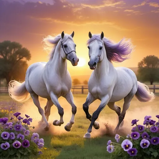 Prompt: two Arabian horses, flying pansies flowers, flowing violet mane, gallops, sunset, ranch, spacious meadow