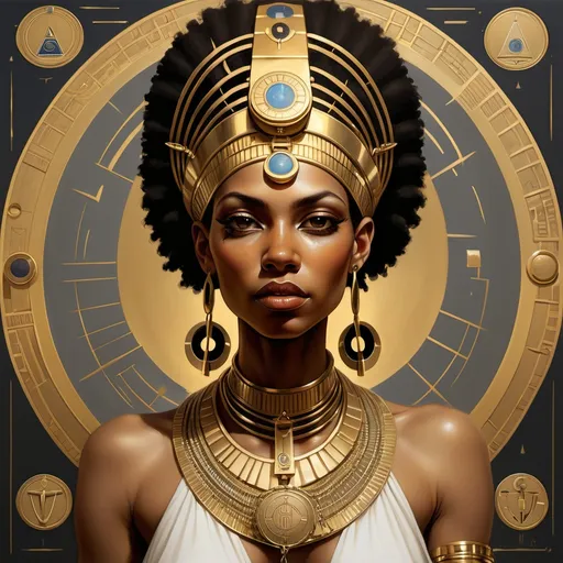Prompt: a woman wearing a gold headdress and a necklace with chains on it's neck and a large headpiece, Daphne Allen, afrofuturism, regal, egyptian art, within a circle with the name neith hotep sepat in the circle and emblems from the masonic order of ancient & primitive rite of memphis-misraim