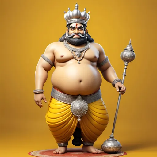 Prompt: Mahabali with a big belly and a silver crown on his head and silver ornaments,  standing in front of a yellow background, Ella Guru, samikshavad, cgstudio, a 3D render