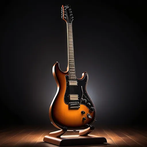 Prompt: Electric guitar on a stand, illuminated with dramatic lighting, highlighting sleek curves and glossy finishes, rich dark wood background, intensely focused light casting dynamic shadows, creating an atmosphere of passion and intensity, ultra-detailed, a masterpiece capturing elegance and power, showcasing every detail of the instrument.