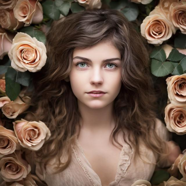 Prompt: Light woman with brown slightly wavy hair and eyes surrounded by roses