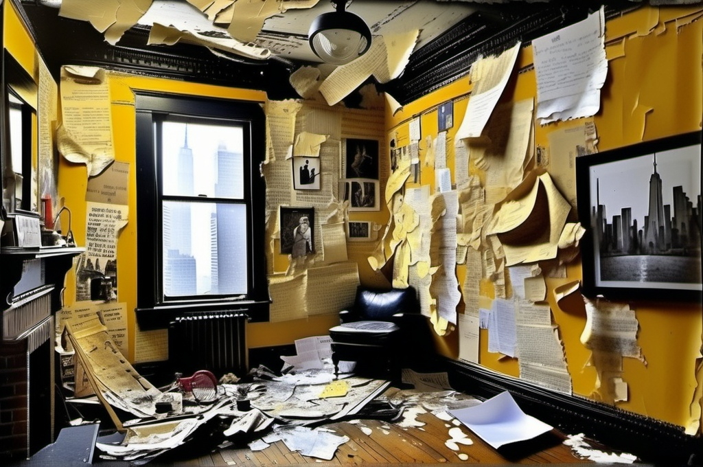 Prompt: New York apartmen, walls and celings covered with thousands of objects all random, no furniture, collage torn mustard highlights, cut old paper backdrop, bold brushstroke, gritty texture,