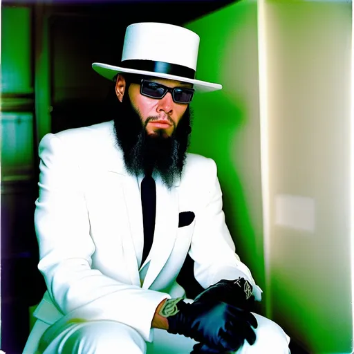 Prompt: Analog film photography still, portrait of a white man, (neatly groomed black beard), white on white suit with silver-white tie, a white voodoo hat, black leather gloves, Lean, slightly tall, grainy fujifilm film,