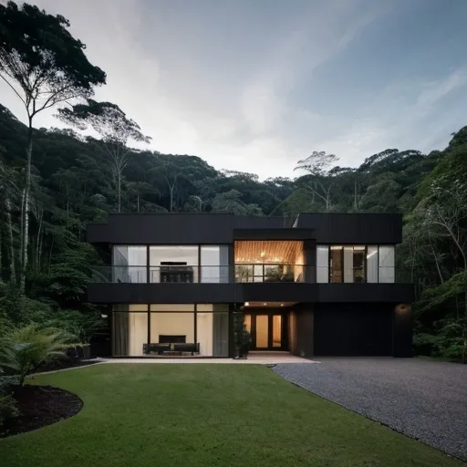 Prompt: Ultrawide 16:9 landscape photograph of a modern luxury house nestled in the rainforest. The house is constructed primarily of glass and black metallic framework, with a minimalist design. Gentle, verdant hills roll beside the house, enhancing its natural beauty. The scene is awash in lush green tones from the surrounding dense vegetation and tall trees. Through the glass walls, a lone man is visible, intensely focused on his computer setup, suggesting a software developer deep in work. The sky is a serene blue, but without direct sunlight, creating a calm ambiance. The image evokes a sense of isolation, wealth, and harmony with nature. Hyperrealistic, cinematic quality, captured with a high-end camera for exceptional detail and clarity. 8K resolution.