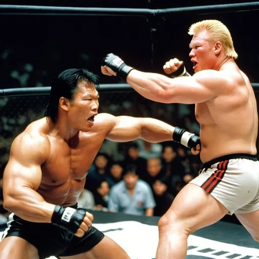 Prompt: Bolo Yeung fighting Brock Lesnar in a steel cage