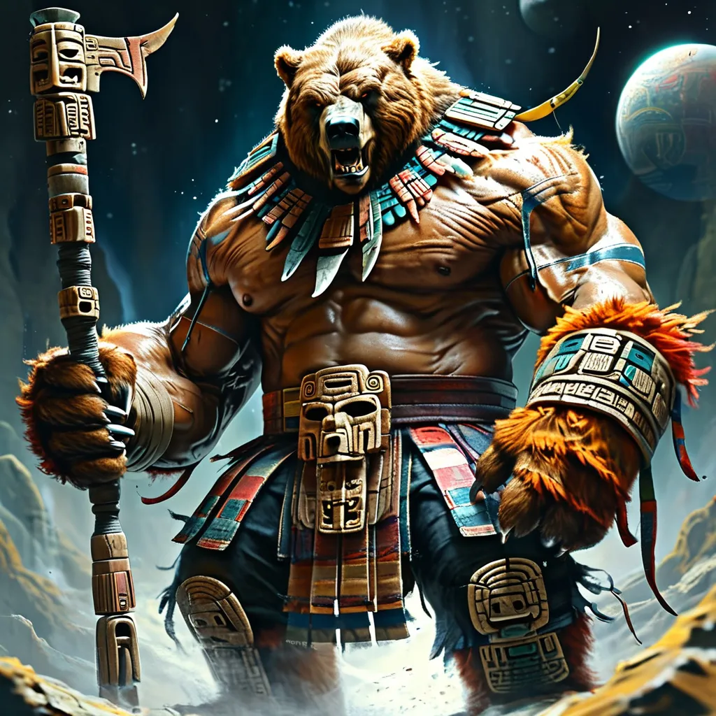 Prompt: huge muscular  ripped universe sized were bear with giant claws in space with Mayan warrior pants and huge Mayan sword