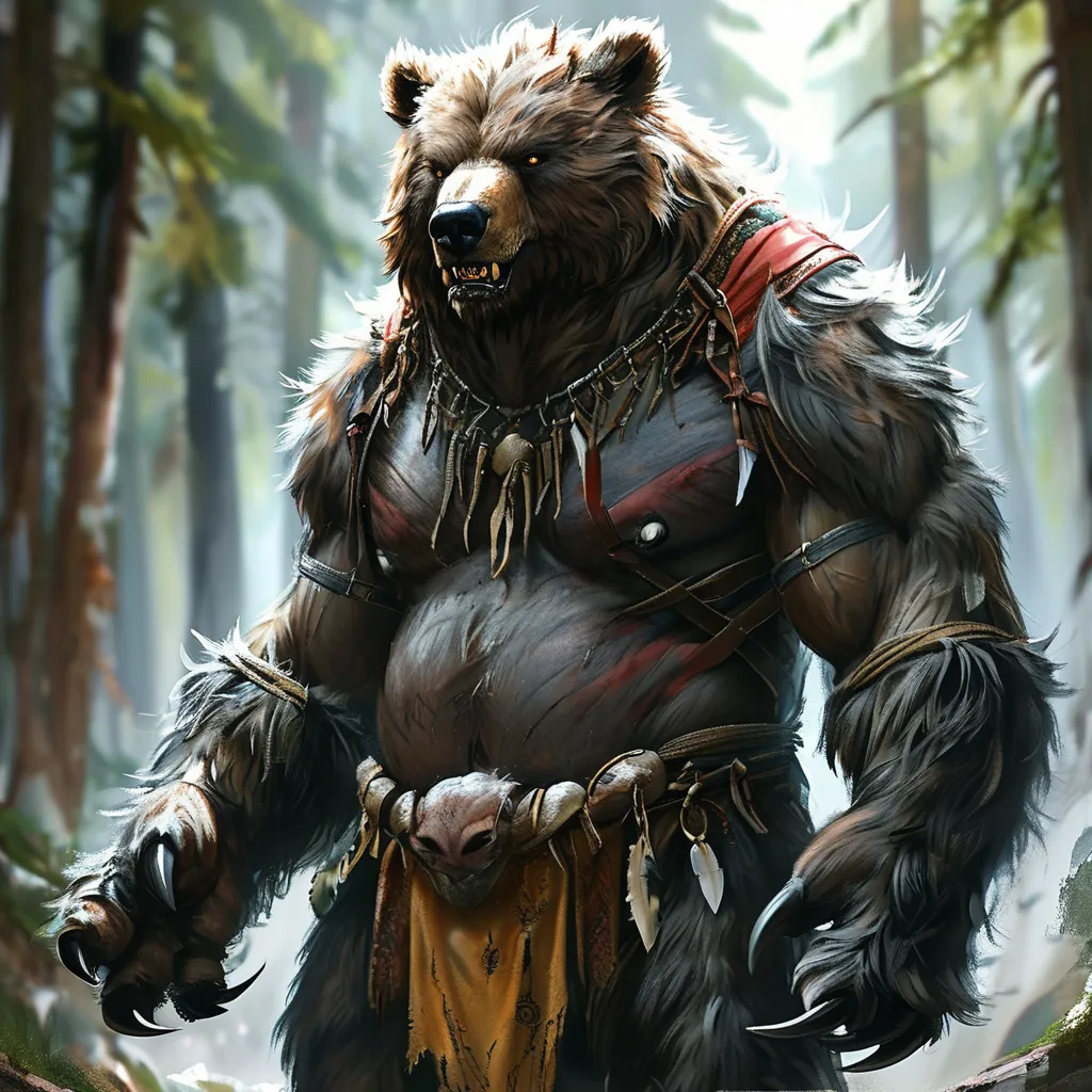 Prompt: 10000ft muscular werebear huge claws  covered in fur with indigenous loincloth unreal