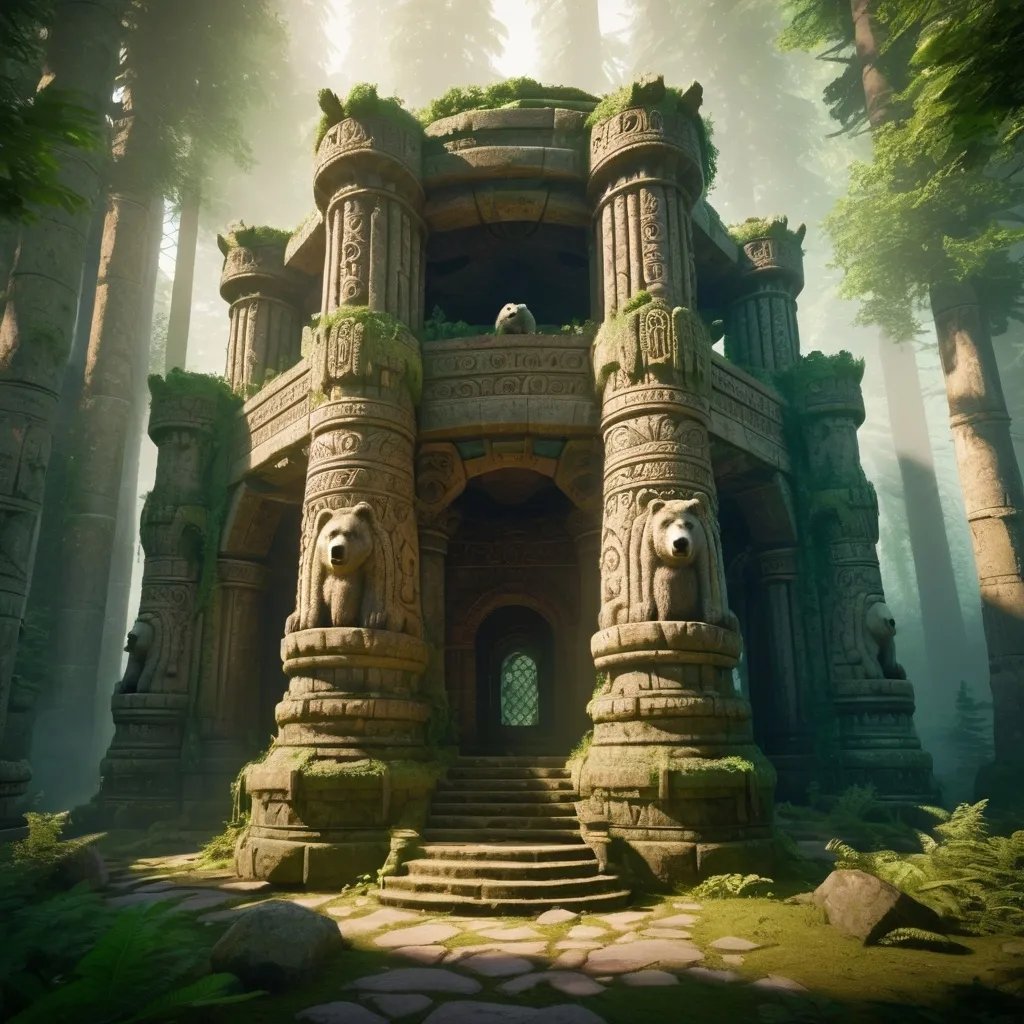 Prompt: temple of werebear  with bear design all over it in forest