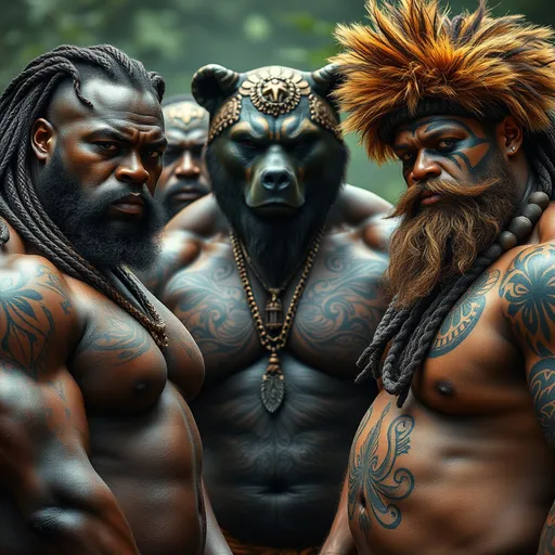 Prompt: group tribe of huge muscles African American jae millz, kai Greene faced tribe  with heavy bear tattoos