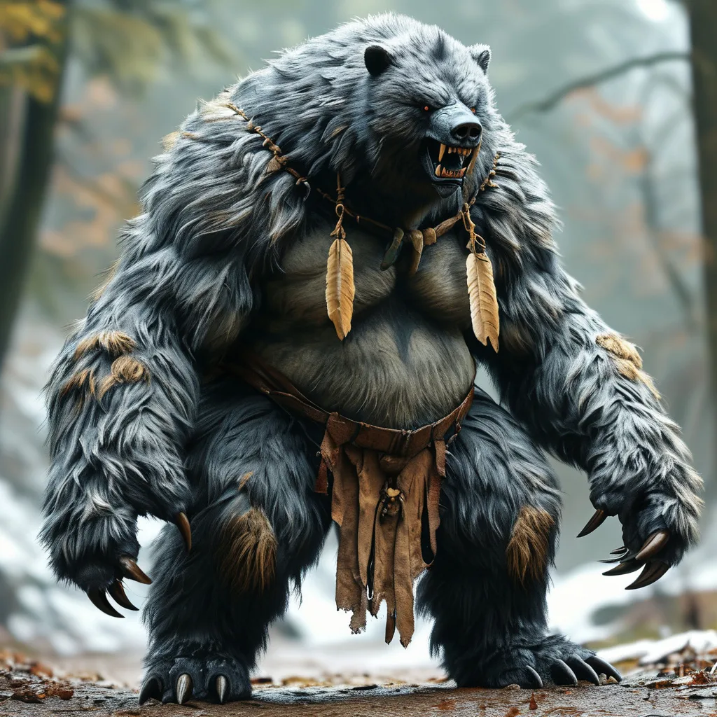 Prompt: 10000ft  hugemuscular kaiju werebear huge claws  covered in fur with indigenous loincloth unreal