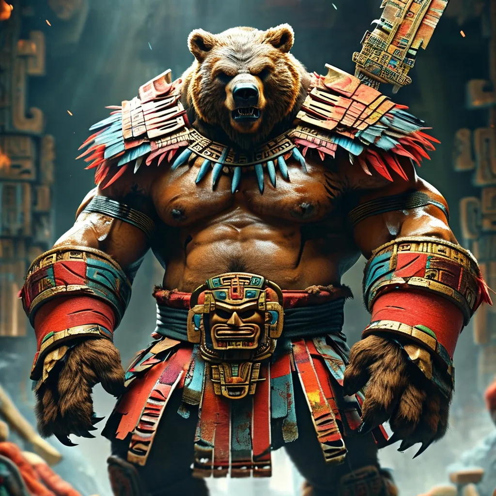 Prompt: huge muscular  ripped universe sized were bear with giant claws in space with Mayan warrior pants and huge Mayan sword