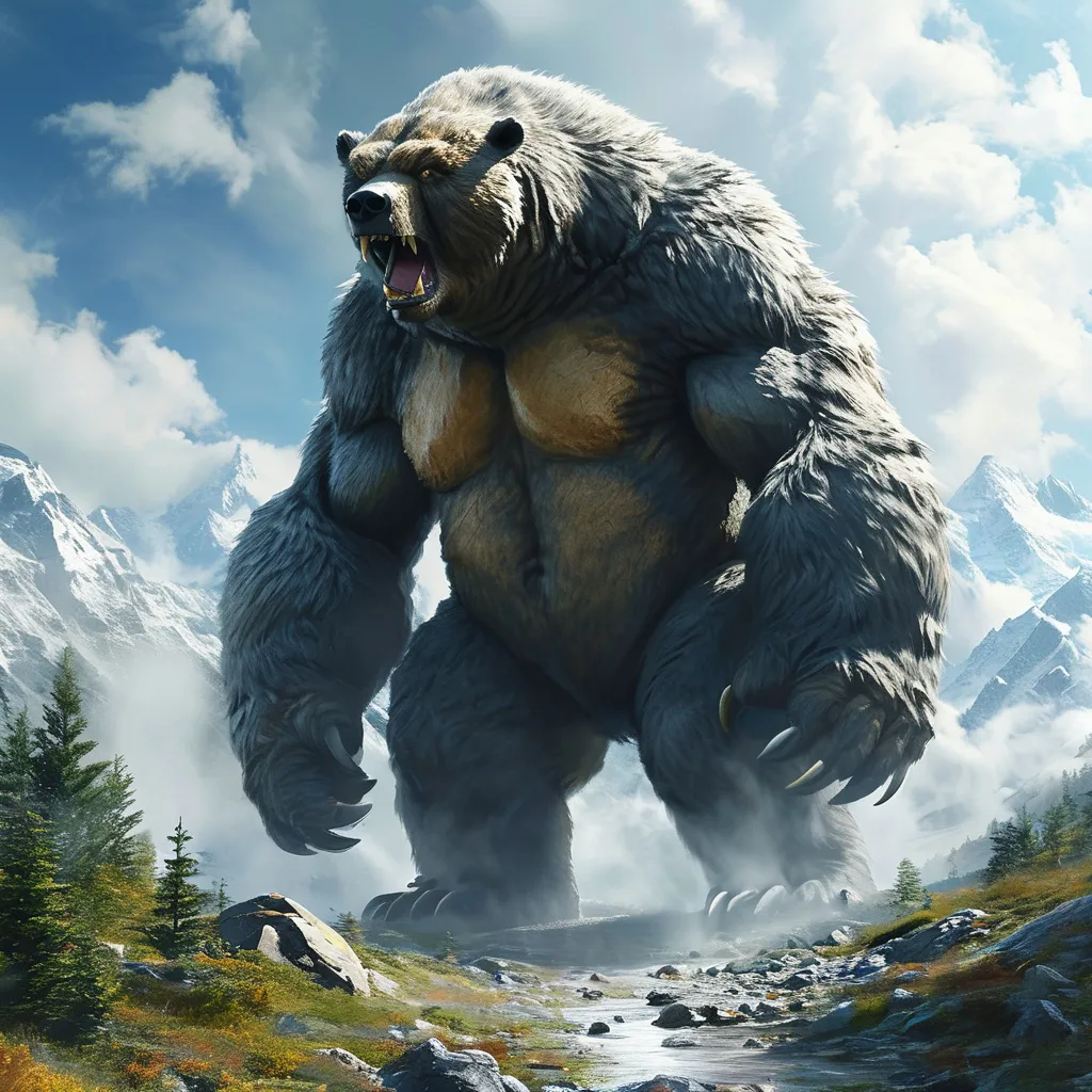 Prompt: 10000ft  wide  god sized hugemuscular kaiju werebear  above mountain mists