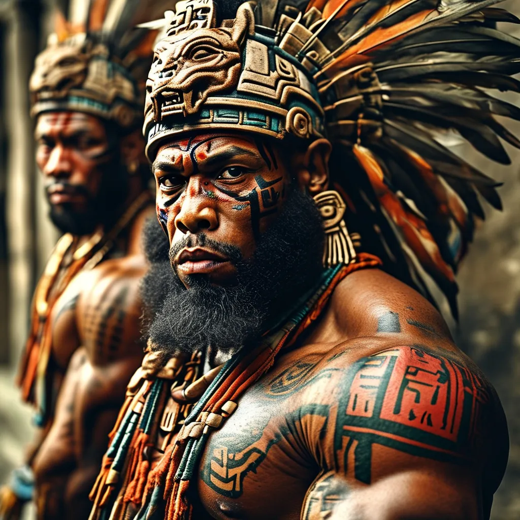 Prompt: ancient mayan huge muscular African American jae millz / Cam'ron faced barbarians with angry bear tattoos in bear themed city