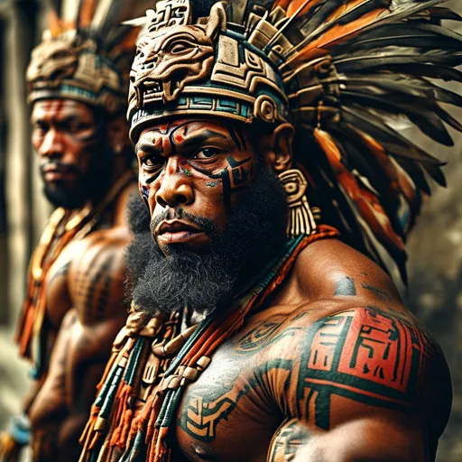 Prompt: ancient mayan huge muscular African American jae millz / Cam'ron faced barbarians with angry bear tattoos in bear themed city