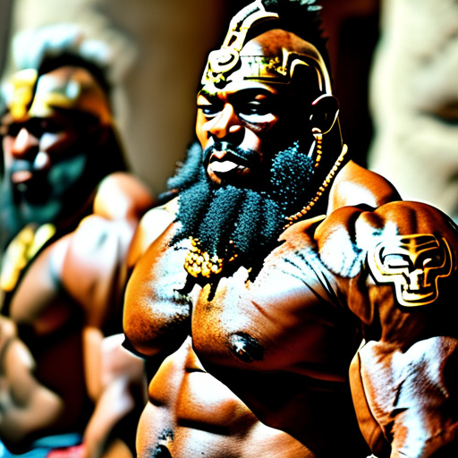 Prompt: large group  of muscular ripped huge African American Sean price jae millz faced bald bear armor barbarians with gold bear designed Mayan hats bear headed tattoos