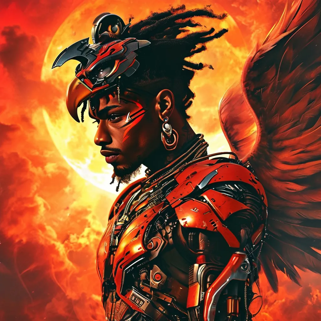 Prompt: mecha tokusatsu red phoenix bodied dread loc hairstyles headed African American Omarion/Adrien bronzer faced warrior with huge Phoenix background