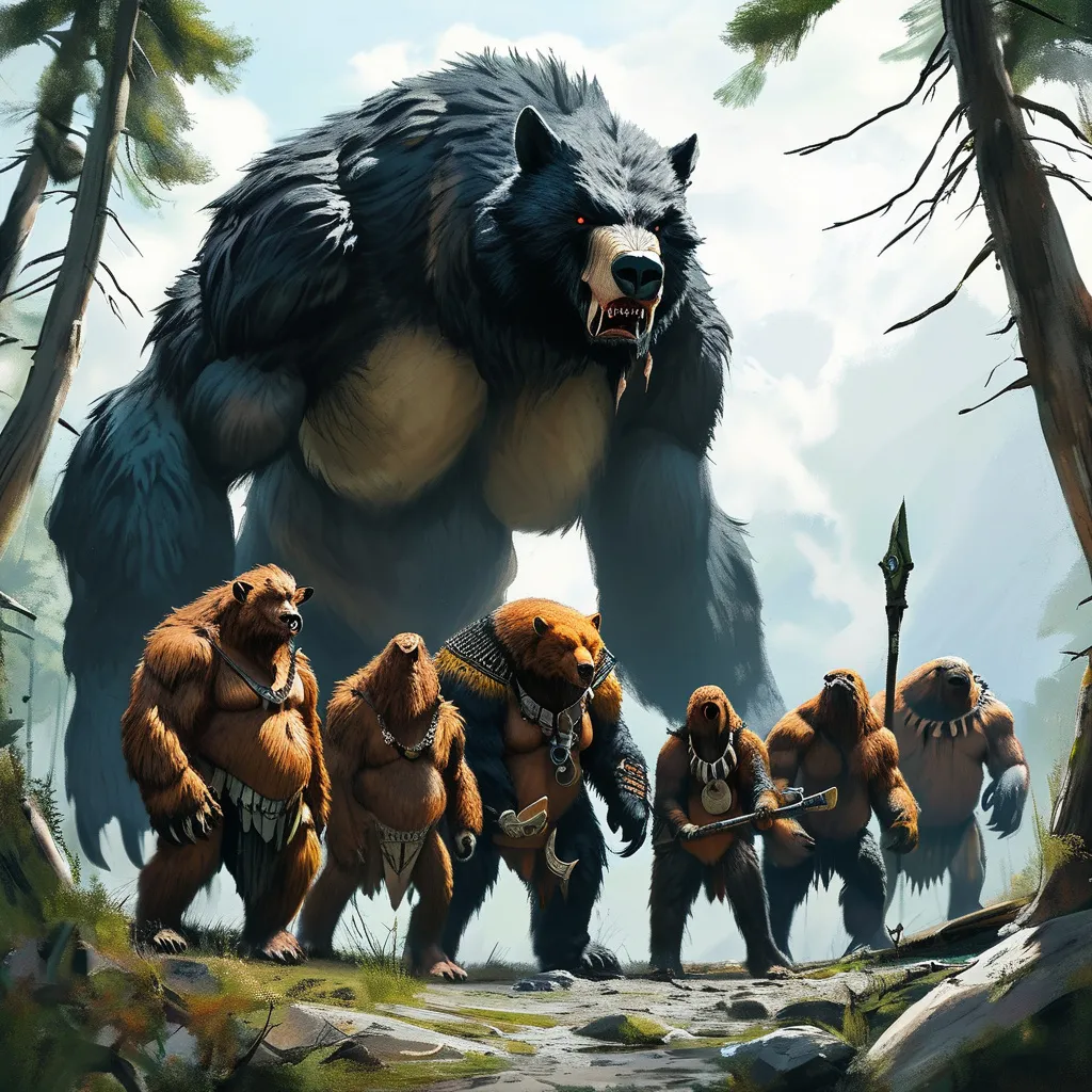 Prompt: group tribe of huge kaiju werebear   barbarian with huge indigenous werebear god