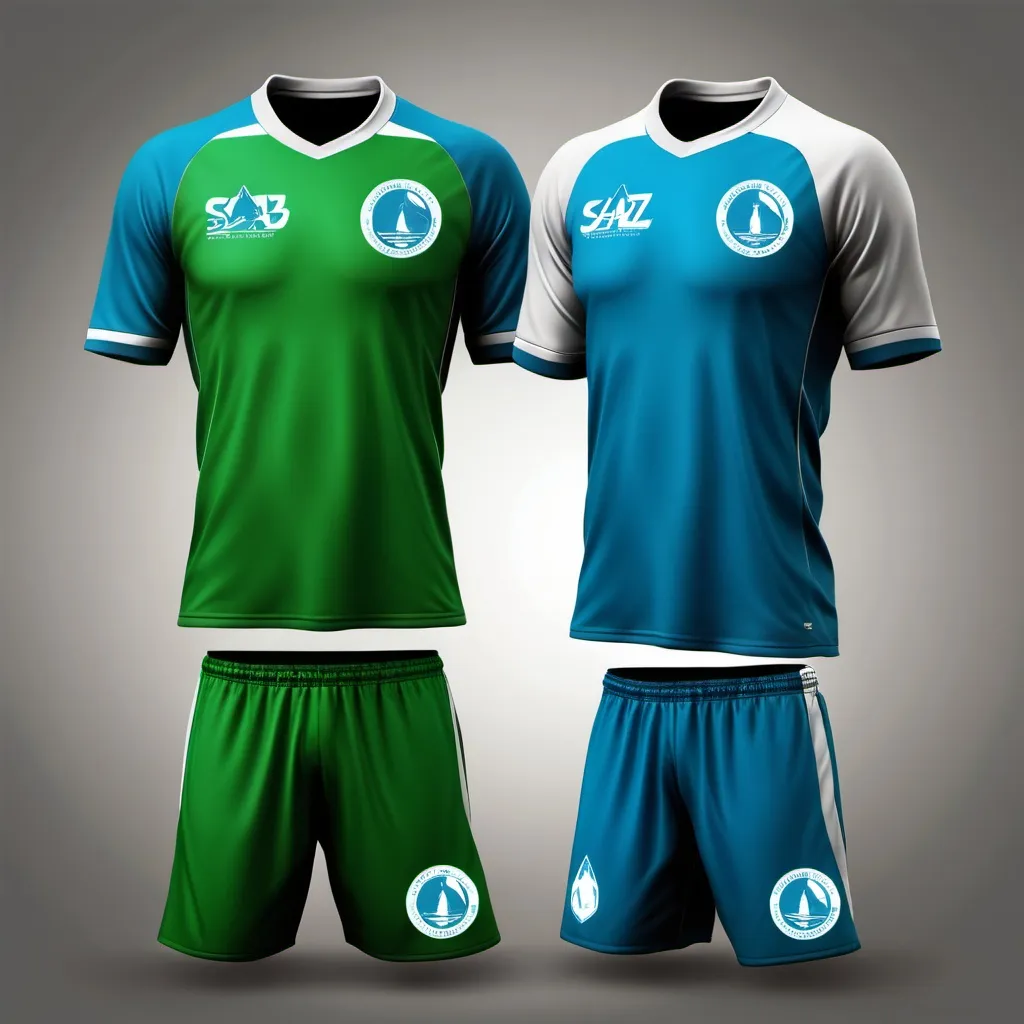 Prompt: Create a professional and amazing green and blue football kit with a professional and amazing logo for CAMP SABZ