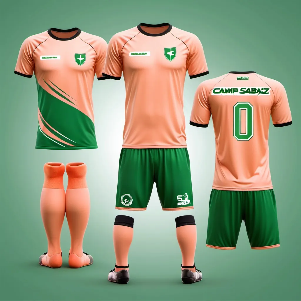 Prompt: Design a professional futsal kit with Peach and Green color and create a logo for ‘CAMP SABZ’. In front