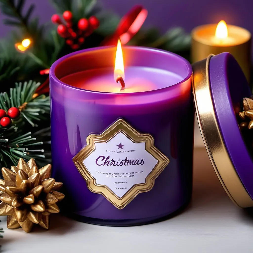 Prompt: scented purple candle in a Christmas box