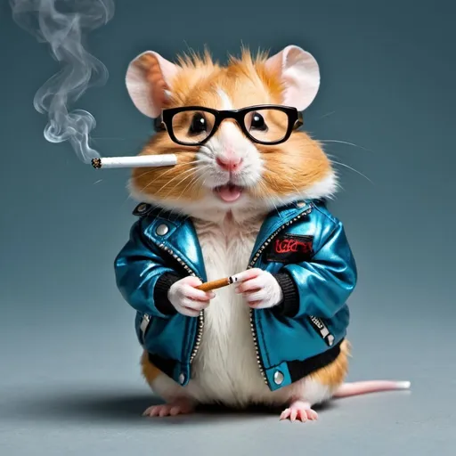 Prompt: a hamster with glasses smoking cigarettes and wearing a rock jacket