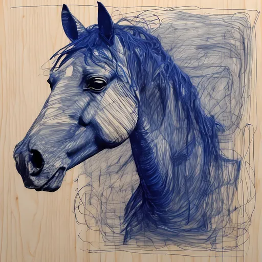 Prompt: a drawing of a horse made with scribbles and messy lines, blue ballpoint, monochrome with a wood cut print over it