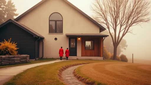 Prompt: Shrouded in a thick mist, a modern, minimalist house sits elegantly on a gentle hill, its clean lines and concrete facade contrasting softly with the muted greens of the surrounding landscape. The fog envelops the scene, lending a sense of mystery as three figures in striking red cloaks walk along a winding path, their bright attire adding a splash of color against the serene, monochromatic backdrop. Leafless trees frame the house, their stark branches reaching toward the cloudy sky, while the atmosphere is imbued with a quiet, almost ethereal mood. The composition draws the eye toward the house, accentuated by the soft curves of the terrain and the smooth pathway, suggesting a narrative of exploration and contemplation in this tranquil, secluded setting.