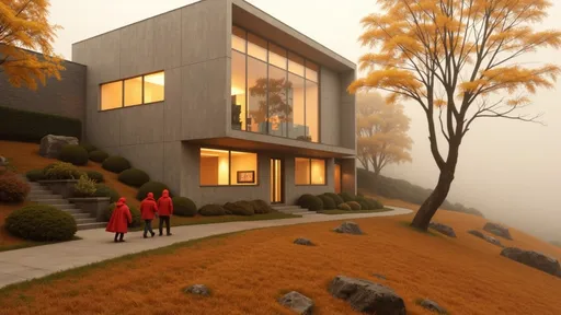 Prompt: Shrouded in a thick mist, a modern, minimalist house sits elegantly on a gentle hill, its clean lines and concrete facade contrasting softly with the muted greens of the surrounding landscape. The fog envelops the scene, lending a sense of mystery as three figures in striking red cloaks walk along a winding path, their bright attire adding a splash of color against the serene, monochromatic backdrop. Leafless trees frame the house, their stark branches reaching toward the cloudy sky, while the atmosphere is imbued with a quiet, almost ethereal mood. The composition draws the eye toward the house, accentuated by the soft curves of the terrain and the smooth pathway, suggesting a narrative of exploration and contemplation in this tranquil, secluded setting.