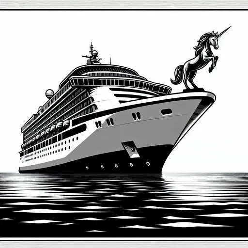 Prompt: A black and white image of a modern Royal  Caribbean cruise ship with a unicorn figurehead.  Image should have simple lines,  suitable for laser etching.