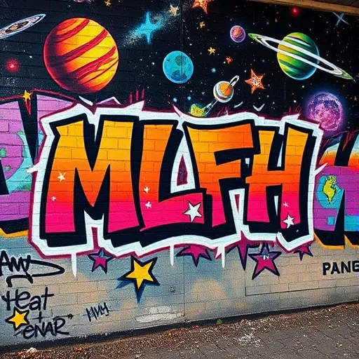 Prompt: Vibrant graffiti wall, with the text "MLFH", stylized tags, bold and colorful lettering, SPACE atmosphere with planets and stars and nebulas