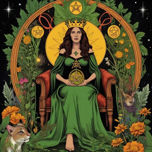 Prompt: **Prompt for AI Image Generation:**

"Create an artistic representation of the Queen of Pentacles from the Ryder Waite tarot deck, infused with a mystical style that reflects the essence of the universe. The image should feature a regal woman seated on a throne adorned with nature-inspired elements, such as lush greenery and vibrant flowers. She should hold a large pentacle in her hands, symbolizing abundance and nurturing. Surround the figure with cosmic motifs such as stars, galaxies, and ethereal light, blending earthly and celestial themes. Use a color palette that includes rich greens, golds, and deep blues to evoke a sense of harmony between the earthly and the mystical."