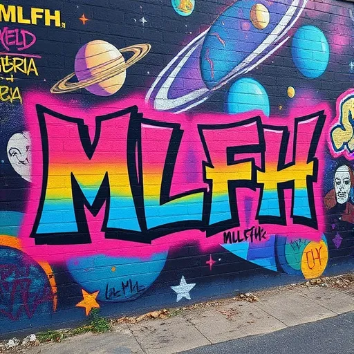 Prompt: Vibrant graffiti wall, with the text "MLFH", stylized tags, bold and colorful lettering, SPACE atmosphere with planets and stars and nebulas