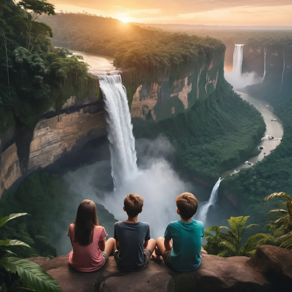 Prompt: two young people, a boy and a girl, sitting with their backs turned on a giant cliff overlooking a beautiful waterfall and enormous jungle at sunset.