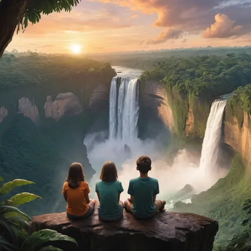 Prompt: two young people, a boy and a girl, sitting with their backs turned on a giant cliff overlooking a beautiful waterfall and enormous jungle at sunset.