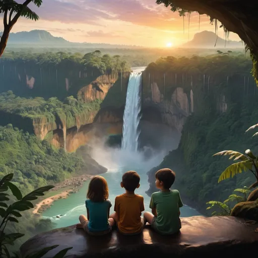 Prompt: a young boy and girl, sitting with their backs turned on a giant, canopy covered cliff, overlooking a beautiful waterfall and enormous jungle at sunset, with a large shiny river in the background with silhouette's of jungle animals in the distant background.  