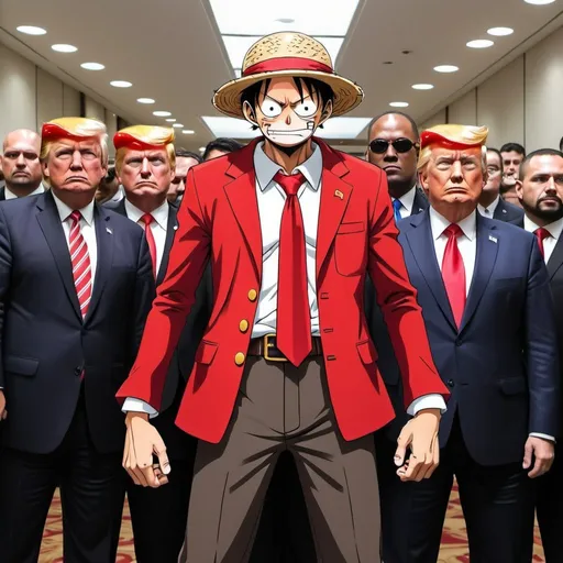 Prompt: Monkey D luffy  as a body guard for Donald trump