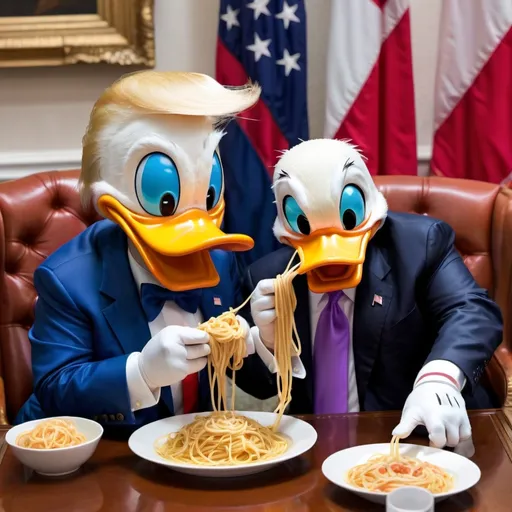 Prompt: Donald Duck and Donald trump eating spaghetti 