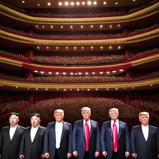 Prompt: Kim jong un and Donald trump clones filling up an opera house