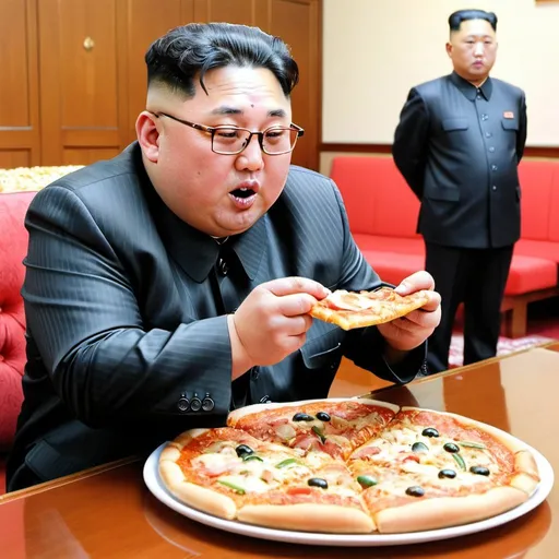 Prompt: Kim jong un eating pizza with all the food in North Korea on it
